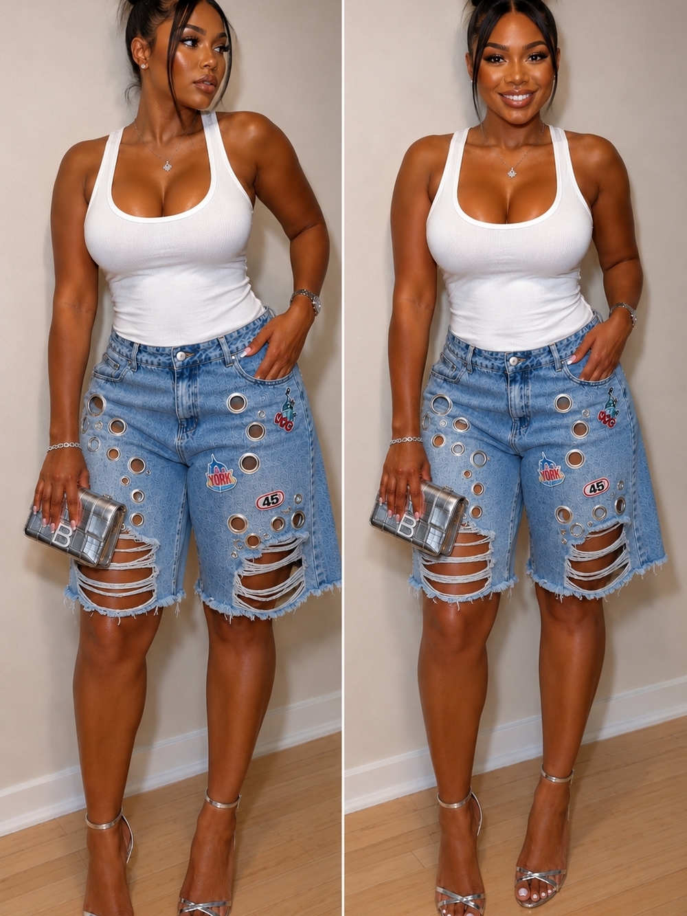 Women’s Distressed Embellished Denim Bermuda Shorts - Light Blue